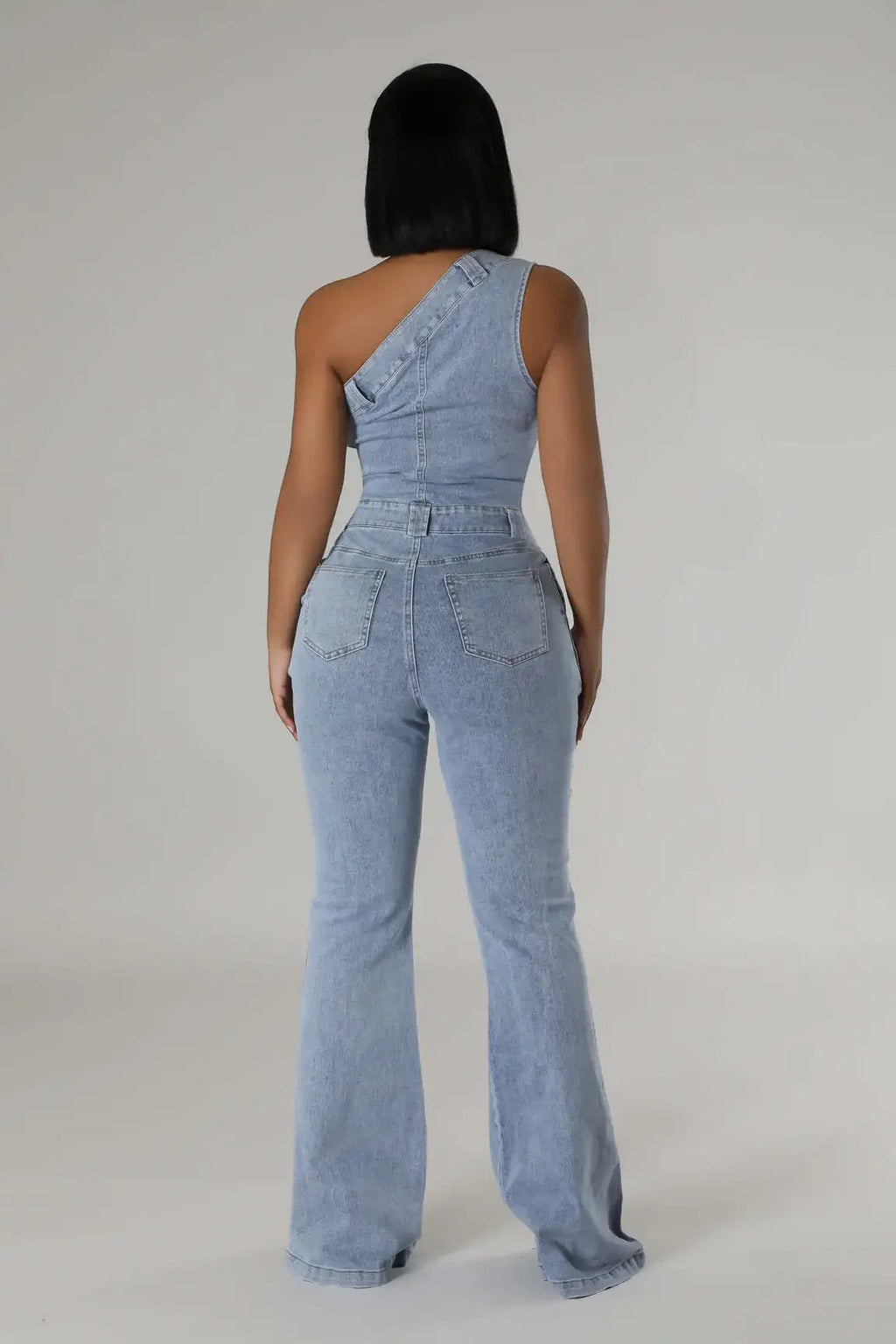 Flare Denim Pants Full Length Women Jeans One Piece Overalls Spliced Solid Jumpsuits Loose Pockets High Waist Basics Washed Aviola