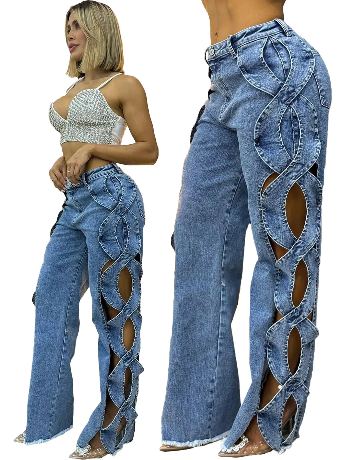 Denim Pant Women Jeans Long Pants Hollowed Out High Waist Straight Trousers Y2k Streetwear Casual Mom Jeans Night Club Summer Aviola