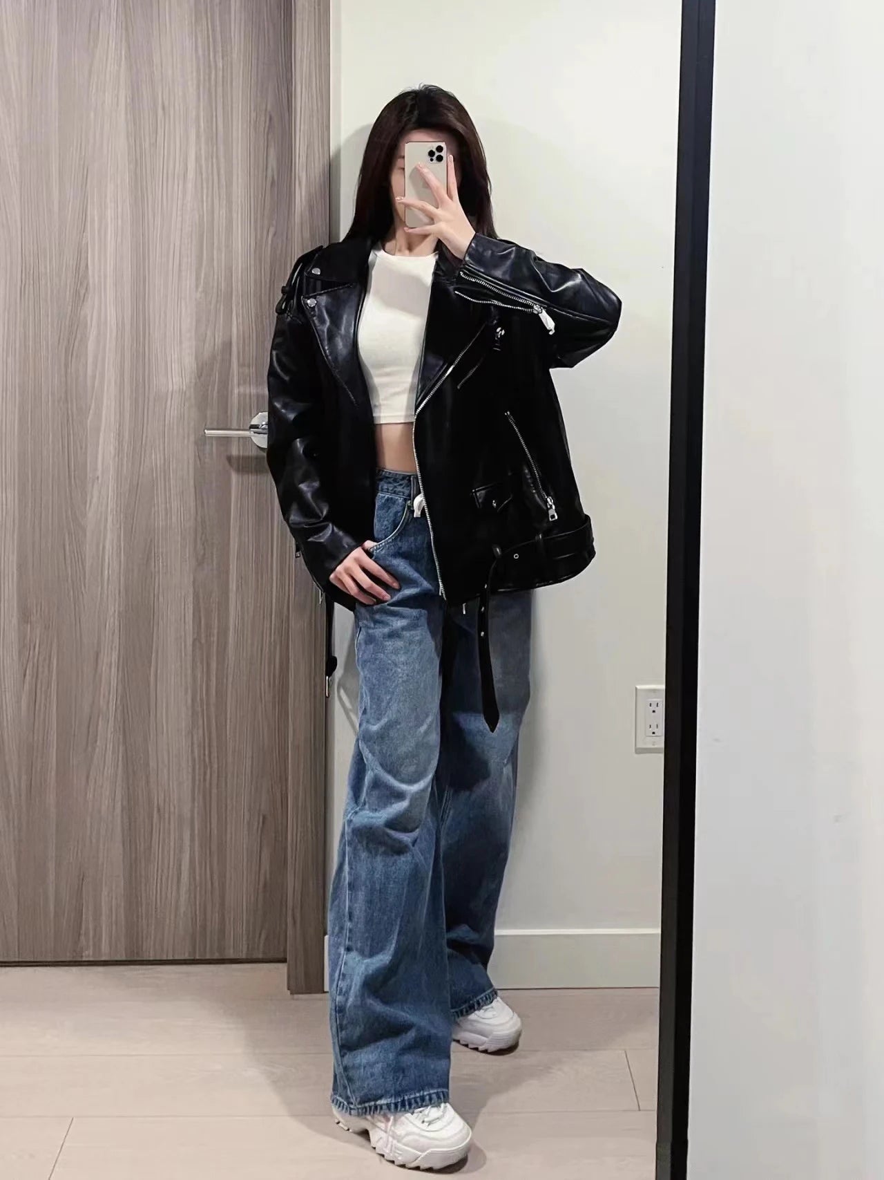 RARF  New 2024 Women's motorcycle leather PU imitation leather loose jacket black jacket Aviola