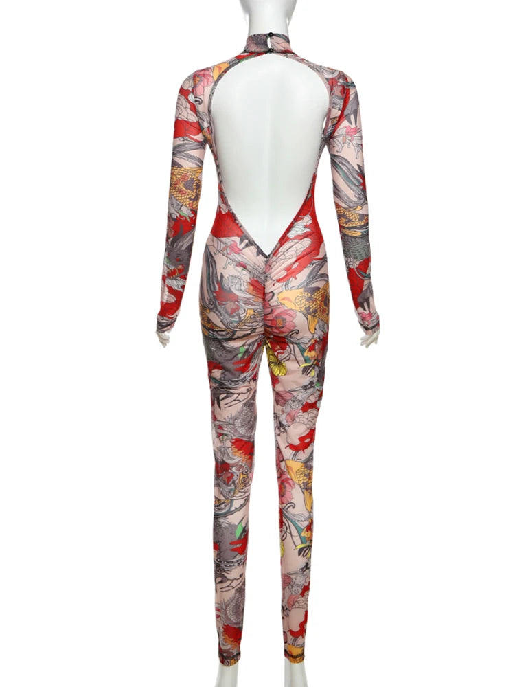 Nibber See Through Jumpsuit Women Backless Colorful Print Midnight Party Sexy Full Sleeve Hipster Street Thin Workout Overalls Aviola