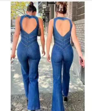 One Piece Denim Jumpsuit Summer New Slim Thin Backless High Waist Overalls Jeans Sleeveless Zipper V Neck Rompers Long Pants Aviola