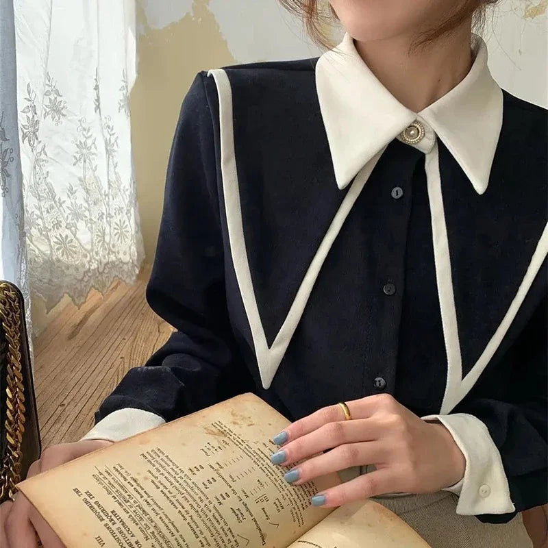 MEXZT Vintage Elegant Shirts Women Chiffon Patchwork Ruffle Turn Down Collar Long Sleeve Blouse Korean Office Lady Loose Tops Aviola