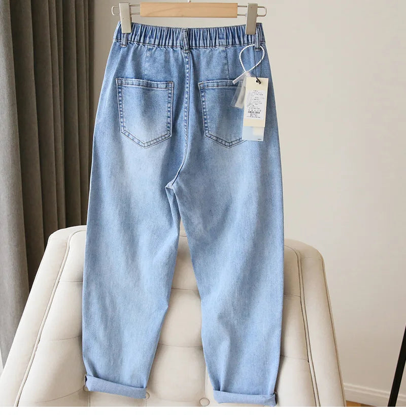 Bleached Jean Ankle Length Straight Denim Pants Women Harem Jeans Pockets Mid Waist Loose Fit Casual Solid Washed 2024 Aviola