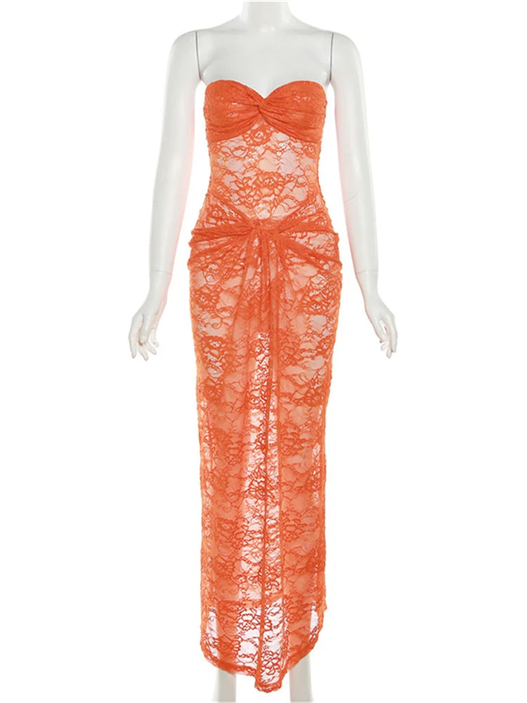 Nibber Lace See-Through Sexy Woman Long Wrap Sleeveless Dress Coquette Ruffles Nightclub Party High Stretch Charming Vestidos Aviola