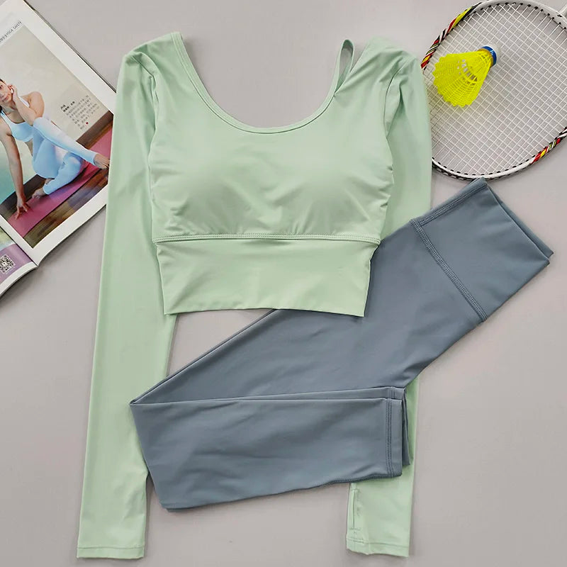2pcs Women Yoga Set Sport Suit Gymwear Workout Clothes Long Sleeve Gym Crop Top High Waist Leggings Fitness Sports Set Yoga Wear Aviola