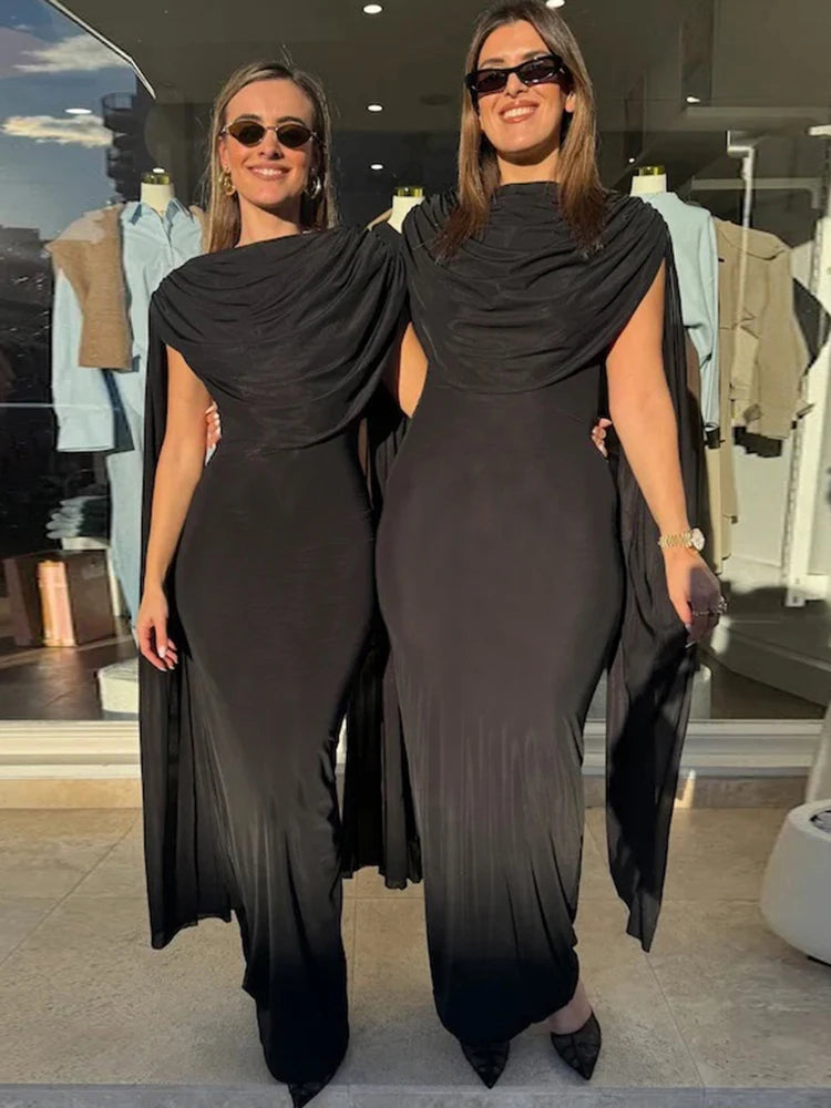 Nibber Backless Maxi Dress Women Folds Tassel Sleeveless Skinny Solid High Stretch Elegant Banquet  Birthday Party Long Bodycon Aviola