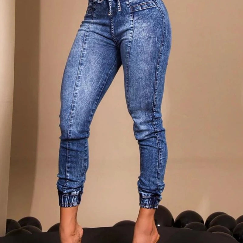 Women Jeans Elastic Waist Solid Color Pencil Pants Pockets Streetwear Casual Slim Fit High Street Flat Zipper 2023 Autumn Aviola