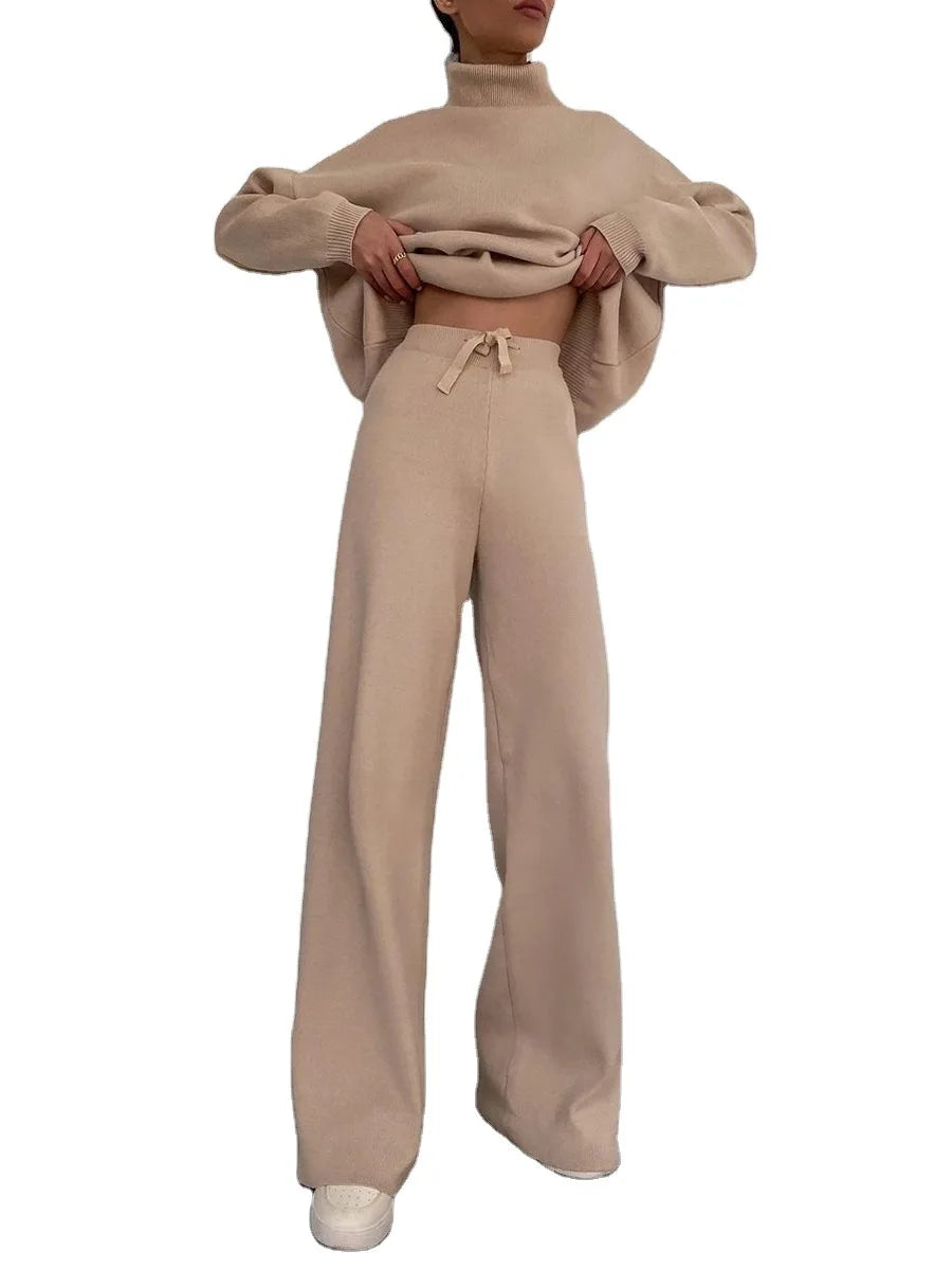 Women Tracksuit Two Pieces Set Long Sleeve Turtleneck Pullover Solid Color Hoodies Wide Leg Pants Drawstring Autumn Casual 2023 Aviola