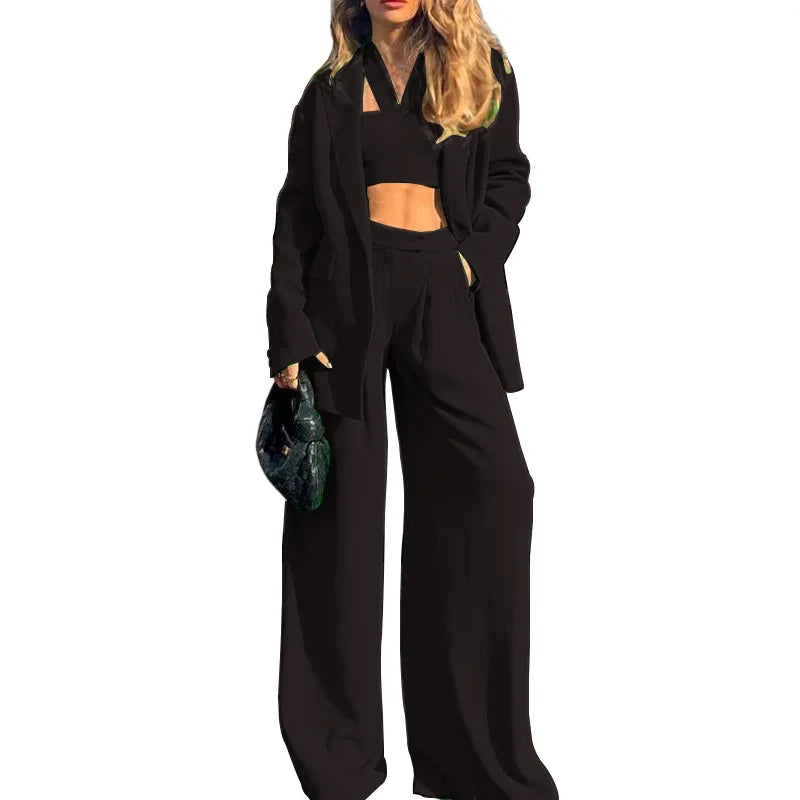 Women Tracksuit Three Pieces Set Turn Down Collar Cardigan Single Button Solid Outerwear Pockets Wide Leg Pants Office Lady Aviola