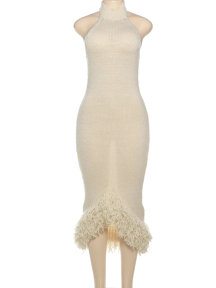 Nibber Knit See Through Women Dress Irregular Backless Sleeveless Halter Sexy Tassel Hem Clubwear Stretch Hipster Party Vestidos Aviola