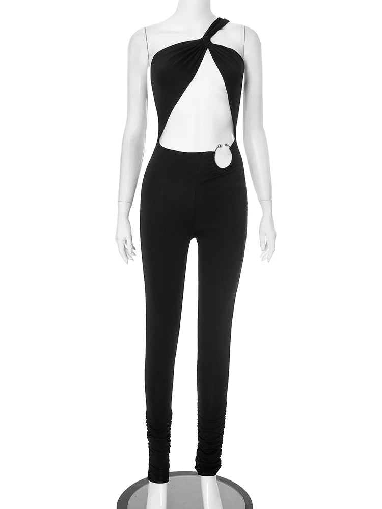 Nibber Hollow Sexy Jumpsuits Women Irregular Single Shoulder Strap Sleeveless Skinny Peach Hip Midnight Summer Fashion Overalls Aviola