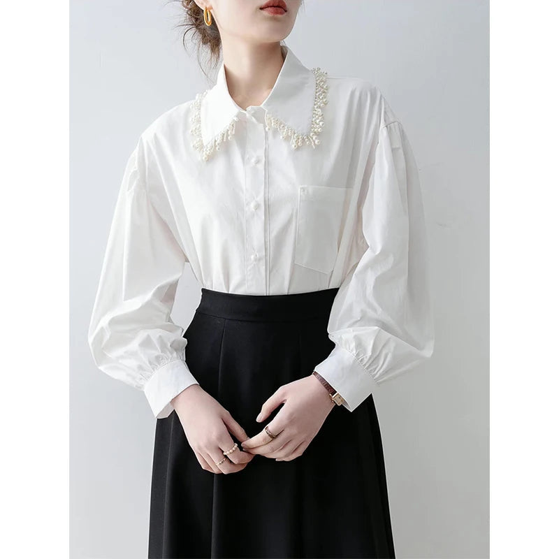 MEXZT Elegant White Shirts Women Fashion Beading Patchwork Blouses Office Ladies Korean Long Sleeve Pocket Design Casual Tops Aviola