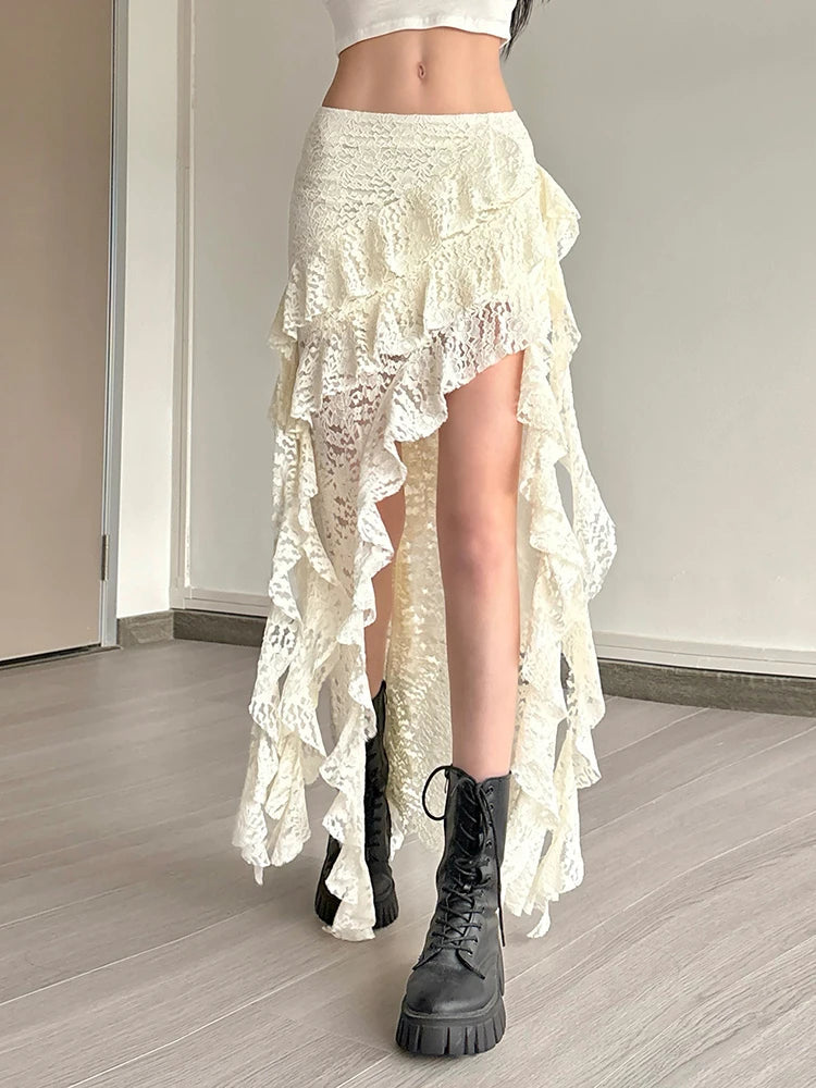 Nibber Tassels Women Skirts Irregular Hem Multi-Layered Ruffles Lace Patchwork Sweet Summer Trend Daily Skinny Versatile Bottoms Aviola