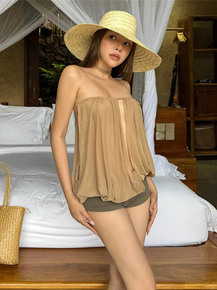 Nibber Draps Tops Women Splits Solid Wrap Sexy Slim Beach Party Strapless Vacation Simple Classic Street Midnight Hottie Outfits Aviola