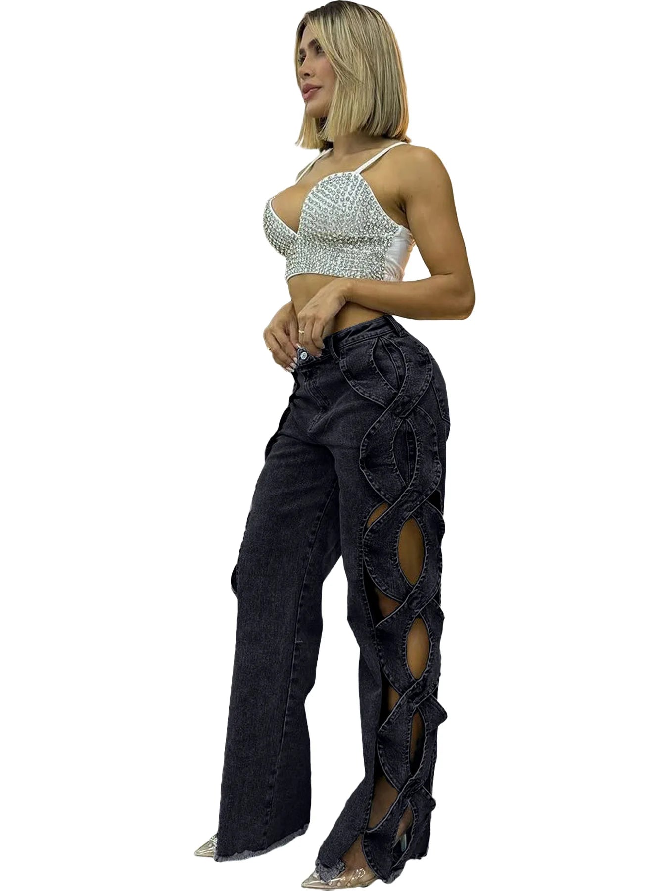 Denim Pant Women Jeans Long Pants Hollowed Out High Waist Straight Trousers Y2k Streetwear Casual Mom Jeans Night Club Summer Aviola