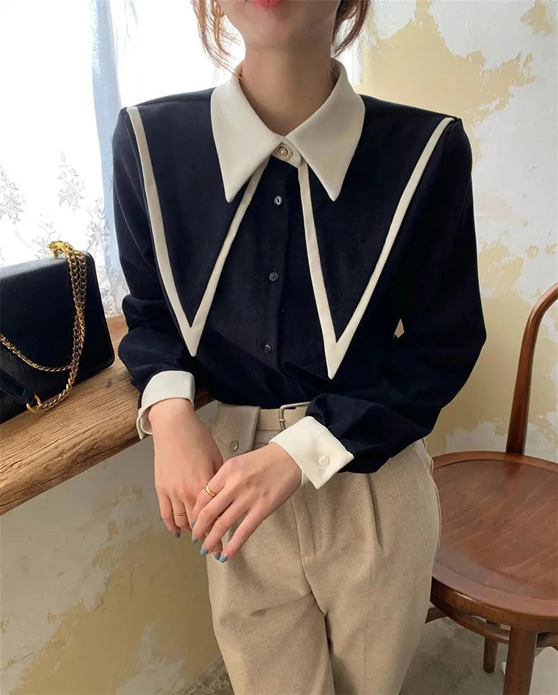 MEXZT Vintage Elegant Shirts Women Chiffon Patchwork Ruffle Turn Down Collar Long Sleeve Blouse Korean Office Lady Loose Tops Aviola