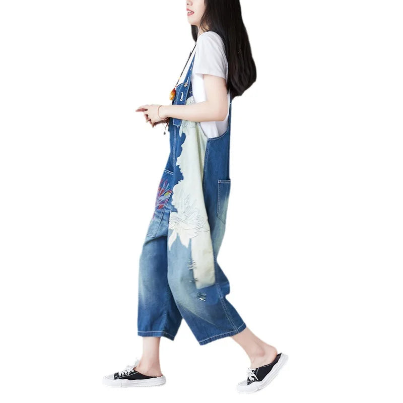 Ankle Length Denim Overalls Women Jeans Spliced Wide Leg Pants Streetwear Washed Jean Loose Fit Pockets 2024 Print Summer Aviola