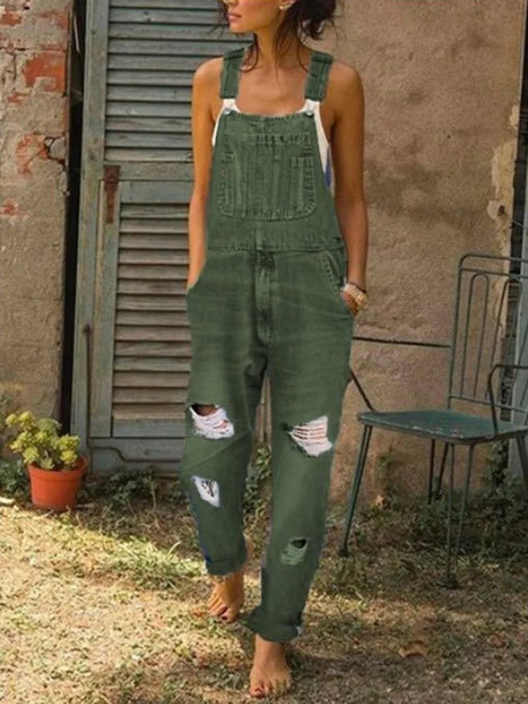 Women Jeans Overalls Holes Washing Denim Mid Waist Ankle Length Straight Pants One Piece Pockets High Street Casual Sports Aviola