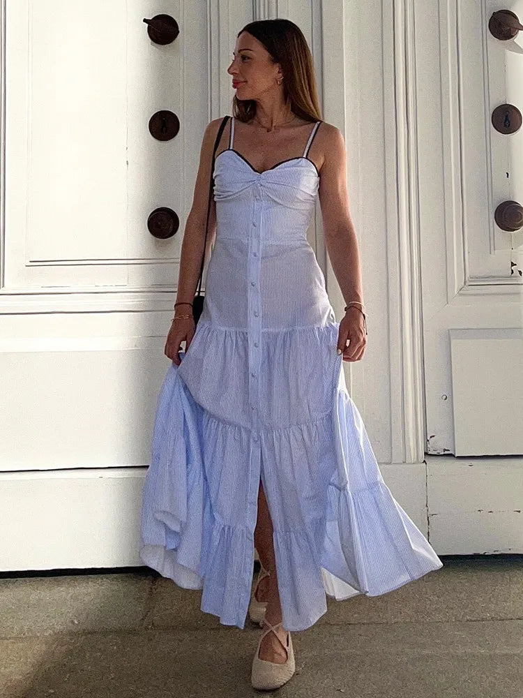 UNIZERA Pleated contrast lace trim striped suspender dress 2025 summer new arrivals women's casual loose midi dress Aviola