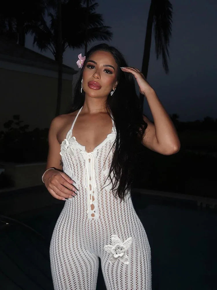 Nibber Knitted Lace-Up Jumpsuit Women Backless Halter Flower Applique Sleeveless 2025 Summer Vacation Trend Classic Overalls Aviola