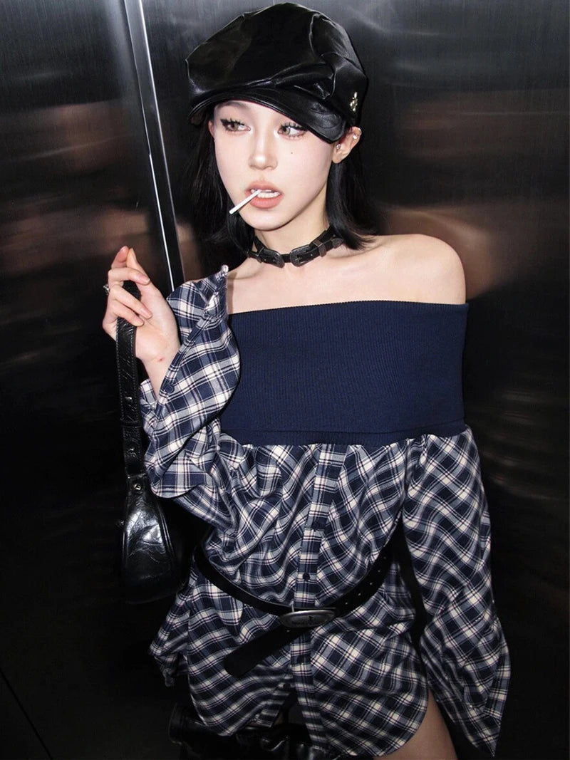 MEXZT Vintage Plaid Shirts Women Y2K Harajuku Sexy Slash Neck Patchwork Blouses Gyaru Korean Long Sleeve Casual Design Tops New Aviola