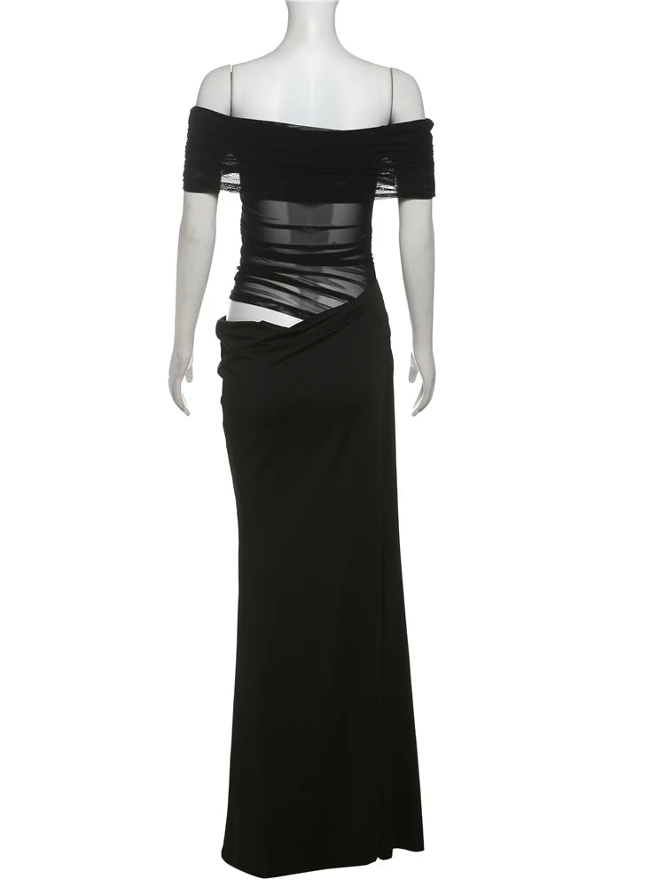 Nibber Ruched Irregular Dress Women Mesh Patchwork Slash Neck Short Sleeve Skinny Stretch Trend Elegant Long Bodycon Outfits Aviola