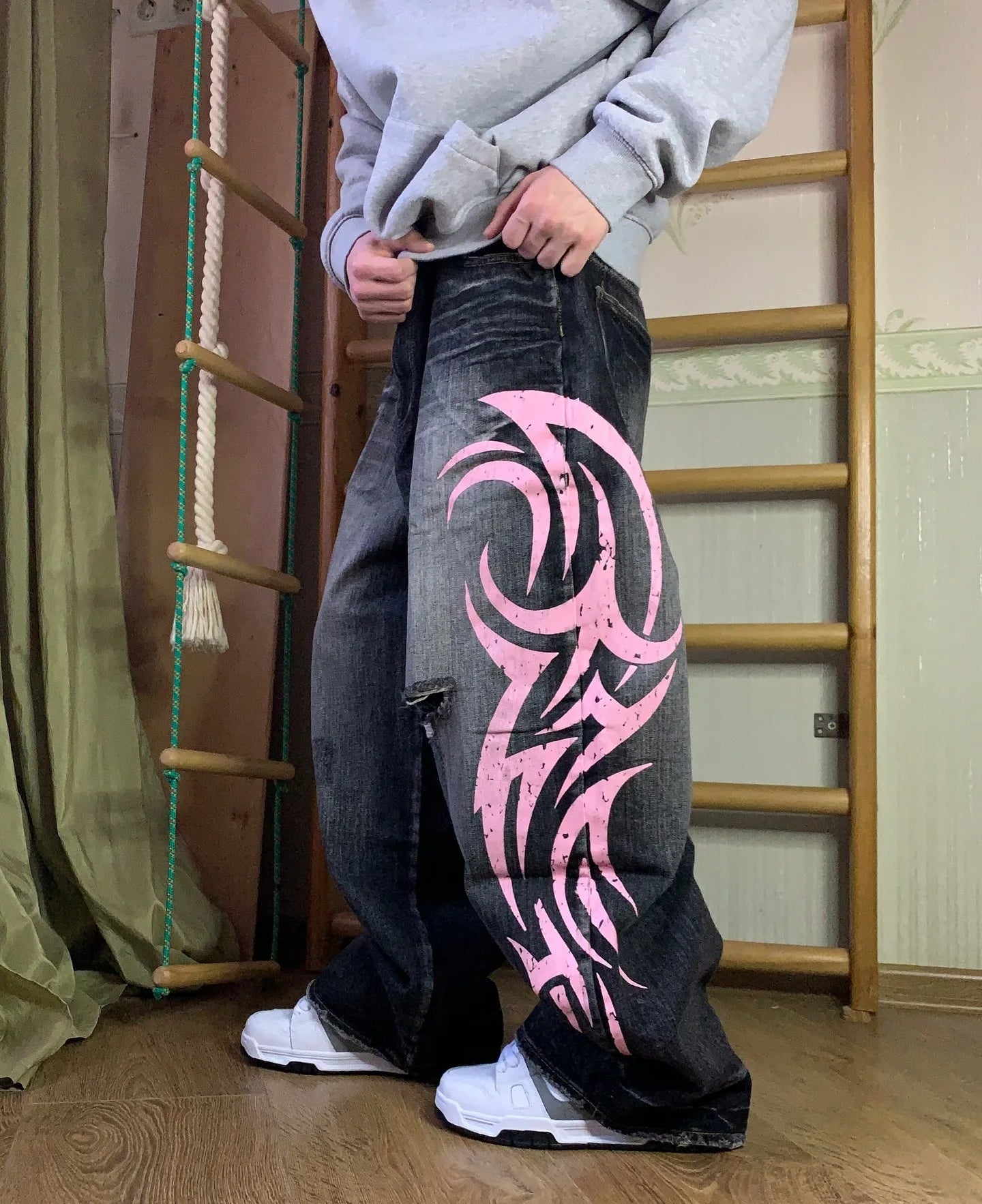 Denim Pant Women Jeans Wide Leg Long Pants Hole High Waist Straight Trousers Y2k Streetwear Print Mom Jeans Casual Loose 2025 Aviola