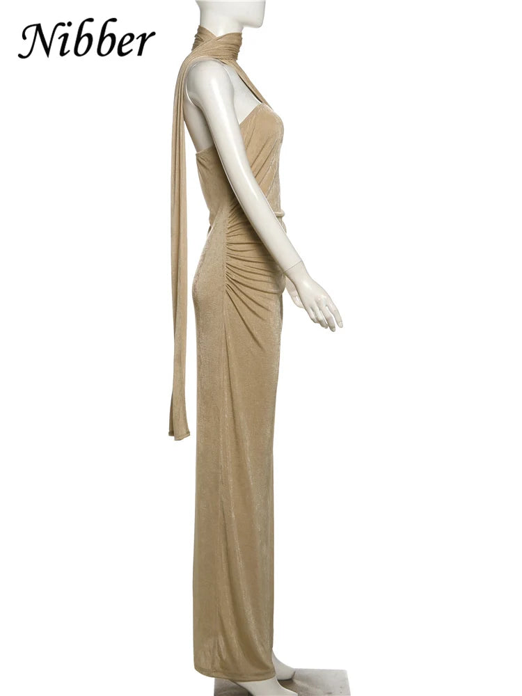 Nibber Ruched Backless Dress Women Diagonal Collar Single Shoulder Strap Tassel Elegant Temperament Stretch Trend Long Bodycon Aviola