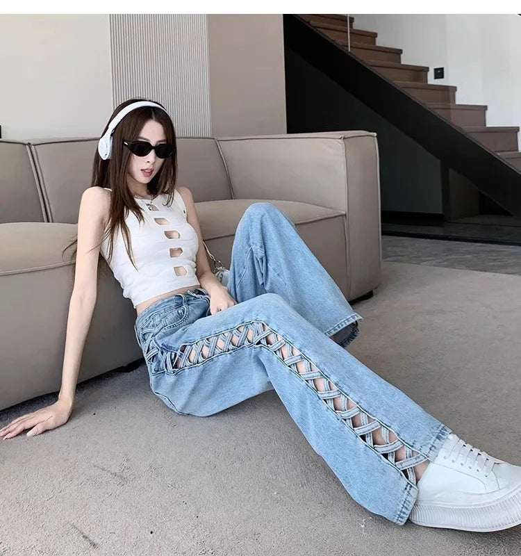 Women Casual Mom Jeans Hollow Out High Waist Trousers Button Zipper Wide Leg Pant Office Lady Loose Spring Club Y2k Streetwear Aviola