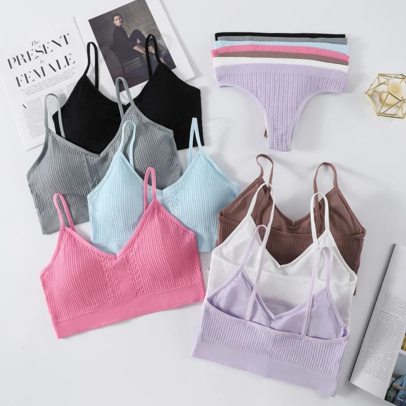 Women Bra Low Waist Briefs Set Seamless Sports Bras Non-wire Bralette Sexy Lingerie Set Female Comfort Ribbed Underwear Set Aviola