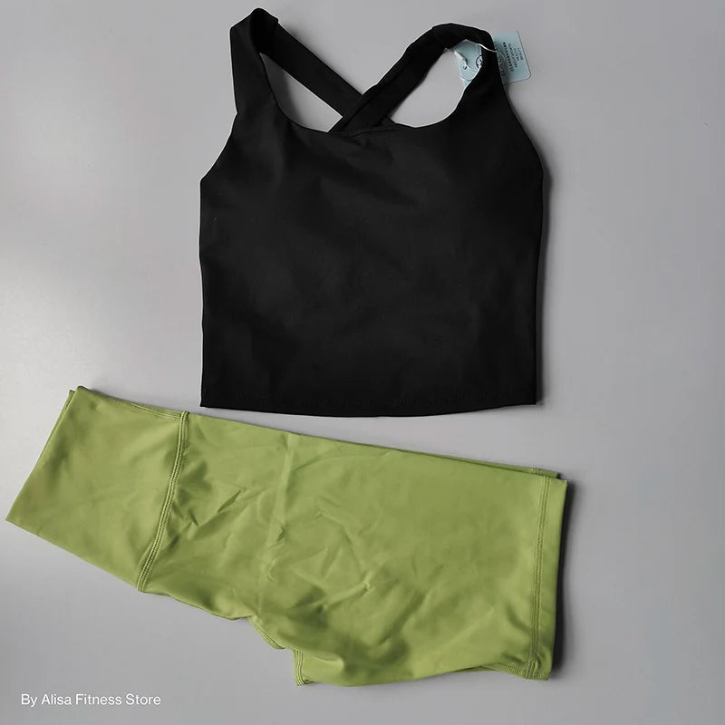 2PCS  Women Yoga Set Workout Sports Bra Set Sportswear Gym Clothing Fitness Long Sleeve Crop Top High Waist Shorts Sports Suits Aviola