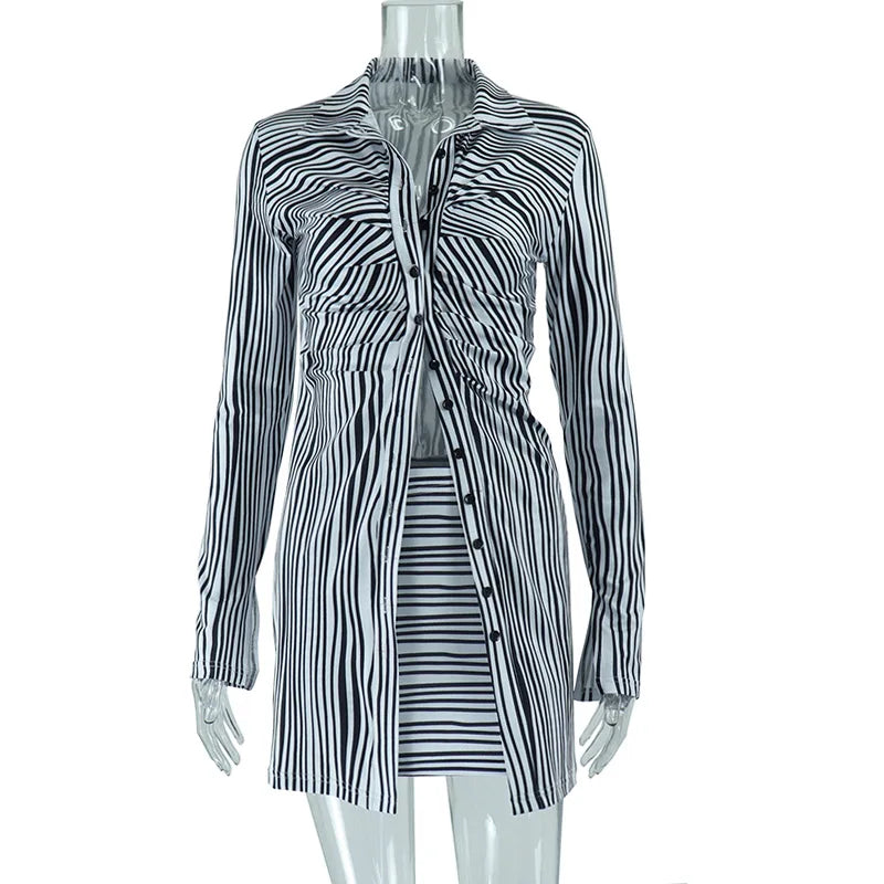 Nibber Autumn Two-piece set Women Fashion Pretty Full Sleeve Pleats Buttons Office Lady Top+Hip Skirt Striped Sexy Classic Suit Aviola