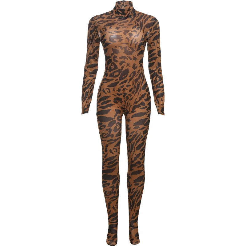Nibber Full Sleeve Leopard Print Foot Jumpsuit Women See Through Turtleneck Coquette Midnight Club Activity Workout Overalls Aviola