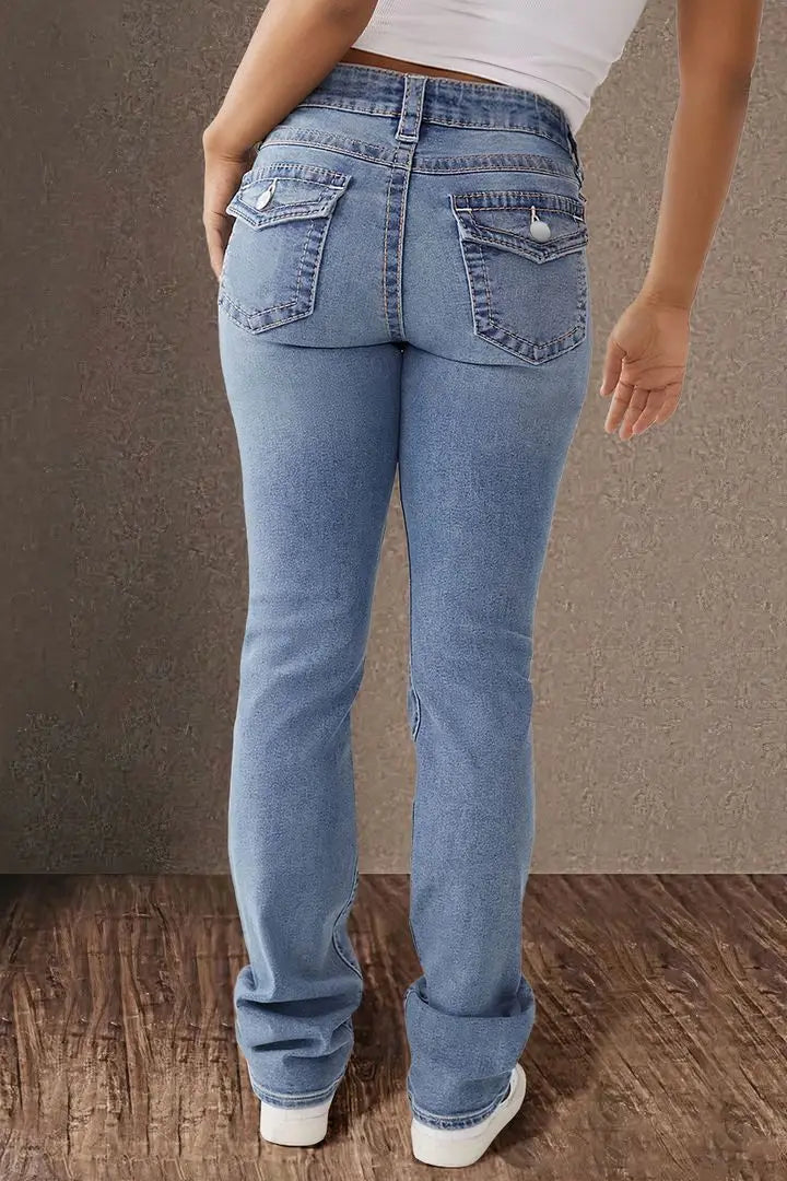 Jeans Denim Pant Women Long Pants Bodycon Button Pocket Splice Straight Trousers Solid Y2k Blue Mom Mid Waist Slim Streetwear Aviola