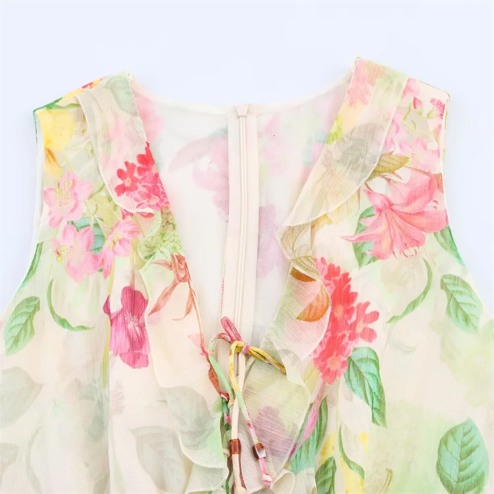 BM&MD&ZA2025layered decorative V-neck sleeveless flower print waistless design dress A-line skirt summer new women's clothing Aviola
