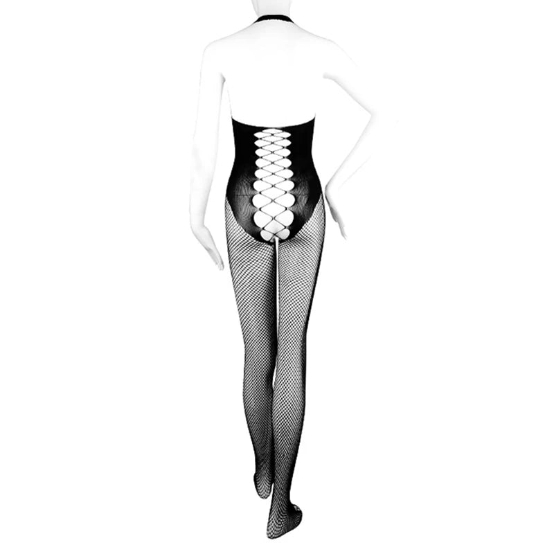 One Pieces Crotchless Lingerie Women Sexy Mesh Hollow Tights Transparent Bodystocking Sex Backless Deep V Hanging Neck Pantyhose Aviola