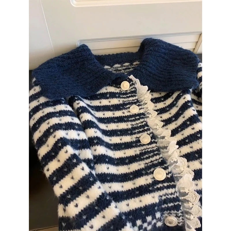 MEXZT Vintage Striped Knitted Cardigan Women Harajuku Cropped Sweater Outerwears Korean Lace Patchwork Knitwears Winter Jumpers Aviola
