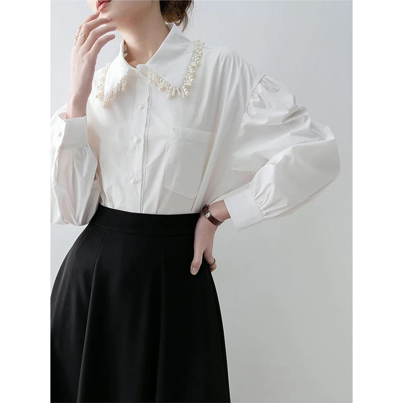 MEXZT Elegant White Shirts Women Fashion Beading Patchwork Blouses Office Ladies Korean Long Sleeve Pocket Design Casual Tops Aviola