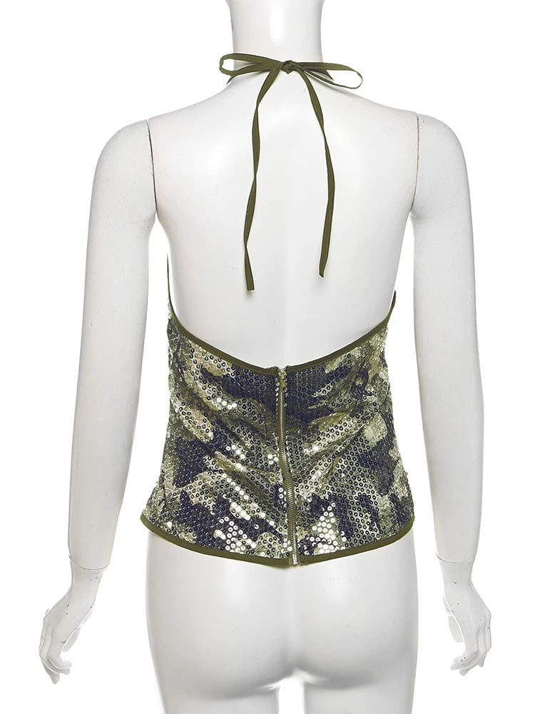 Nibber Camouflage Print Sequins Camisole Women Halter Lace-Up Backless Sleeveless Sexy Street Midnight Daily Summer Trend Tops Aviola