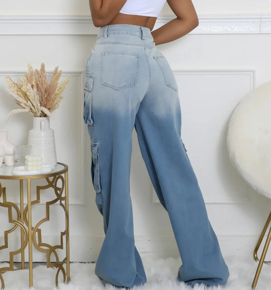 Jeans Women Denim Long Pant Cargo Pants Gradation Pockets High Waist Straight Trousers Y2k Streetwear Party Club Casual Loose Aviola