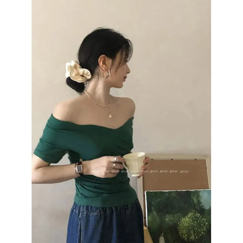 MEXZT Vintage Slash Neck T Shirts Women Streetwear Sexy Cross White Crop Tops Summer Korean Elegant Short Sleeve Design Tees New Aviola