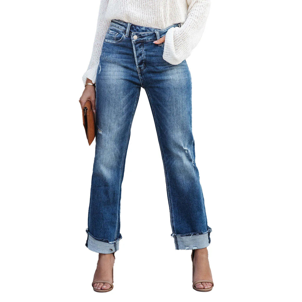Women Jeans Straight Pants Denim Pockets High Waist Loose Fit Solid Ankle Length Streetwear Distressed Washing Zipper Flat Aviola