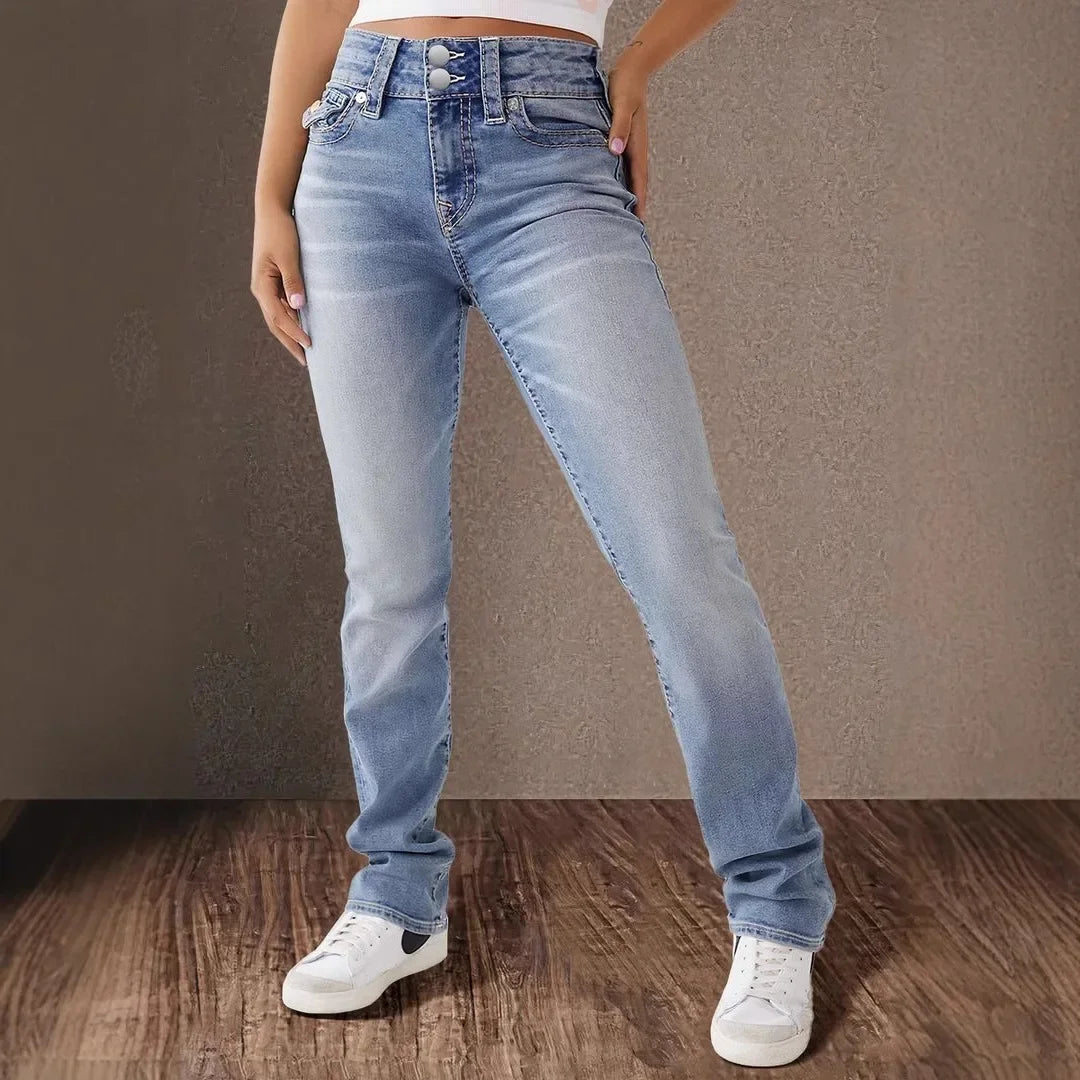 Jeans Denim Pant Women Long Pants Bodycon Button Pocket Splice Straight Trousers Solid Y2k Blue Mom Mid Waist Slim Streetwear Aviola