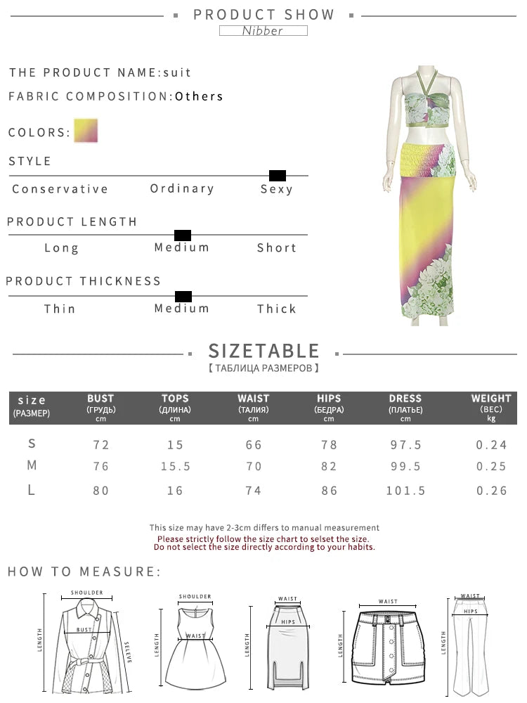 Nibber Gradient Print 2Piece Set Summer Trend Halter Camisole+Ruched Peach Hip Maxi Skirts Matching Club Beach Vacation Suit Aviola