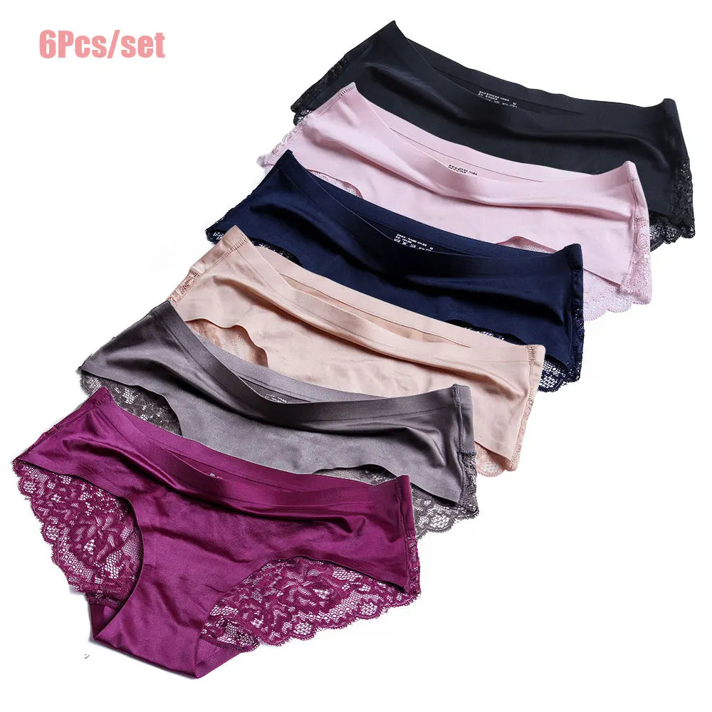 6Pcs/Set Women Briefs Sexy Lace Panties Mid-low Waist Ice Silk Female Breathable Underwear M-XXL Aviola
