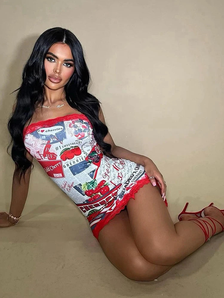 Nibber Lace Cherry Print Women Dress Birthday Party Y2K Sexy Sleeveless Summer  Split Tight Stretch Midnight Clubwear Bodycon Aviola