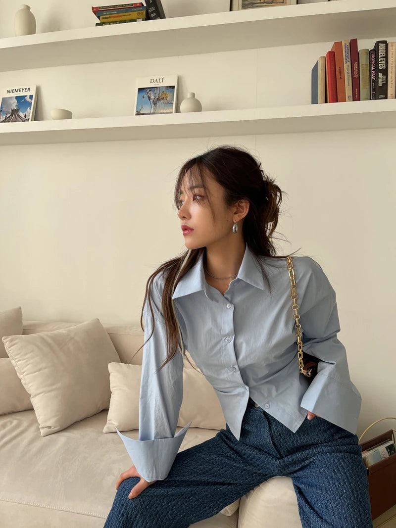 MEXZT Korean Long Sleeve Shirt Women Sexy Strap Backless Chic Blouse Office Lady Slim Lace Up Turn Down Collar Casual Top Aviola