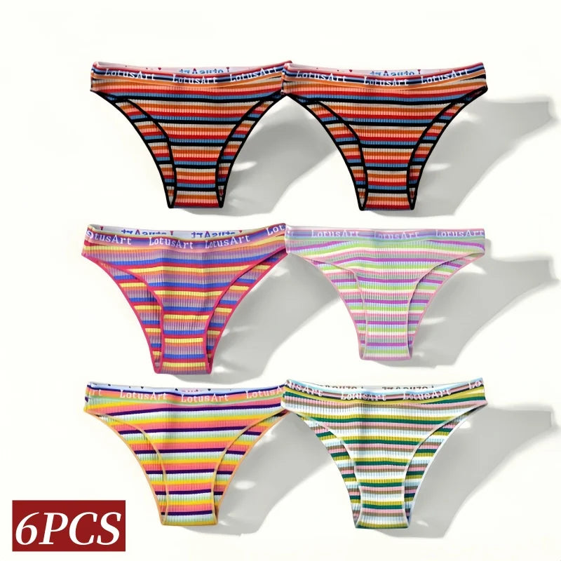 6PCS/Set Cotton Panties For Women Striped Briefs Low Waist Bottoms Female Sports Underpants Seamless Underwear Sexy Lingerie Aviola