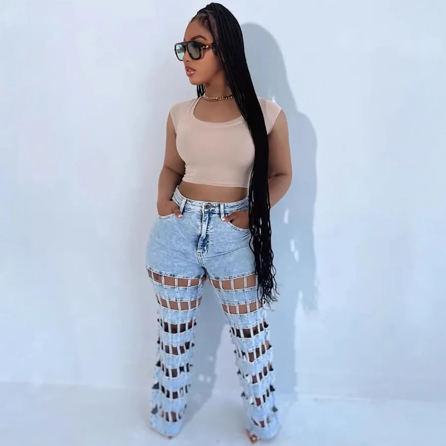 Denim Pant Women Jeans Long Pants Hollow Out High Waist Straight Mom Trousers Y2k Streetwear Elegant Splice Hole Casual Work Aviola
