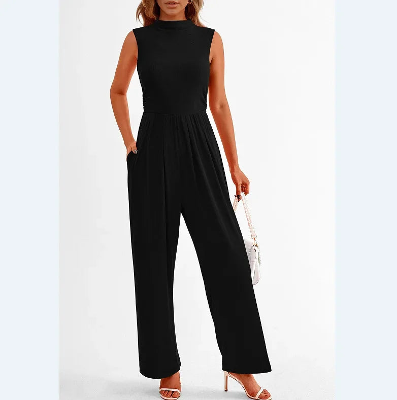 Women Jumpsuits One Piece O Neck Sleeveless Rompers Overalls Solid Wide Leg Pants Pockets High Waist Ankle Length Basics 2025 Aviola